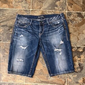 Silver Jeans Distressed Blue Denim Bermudas